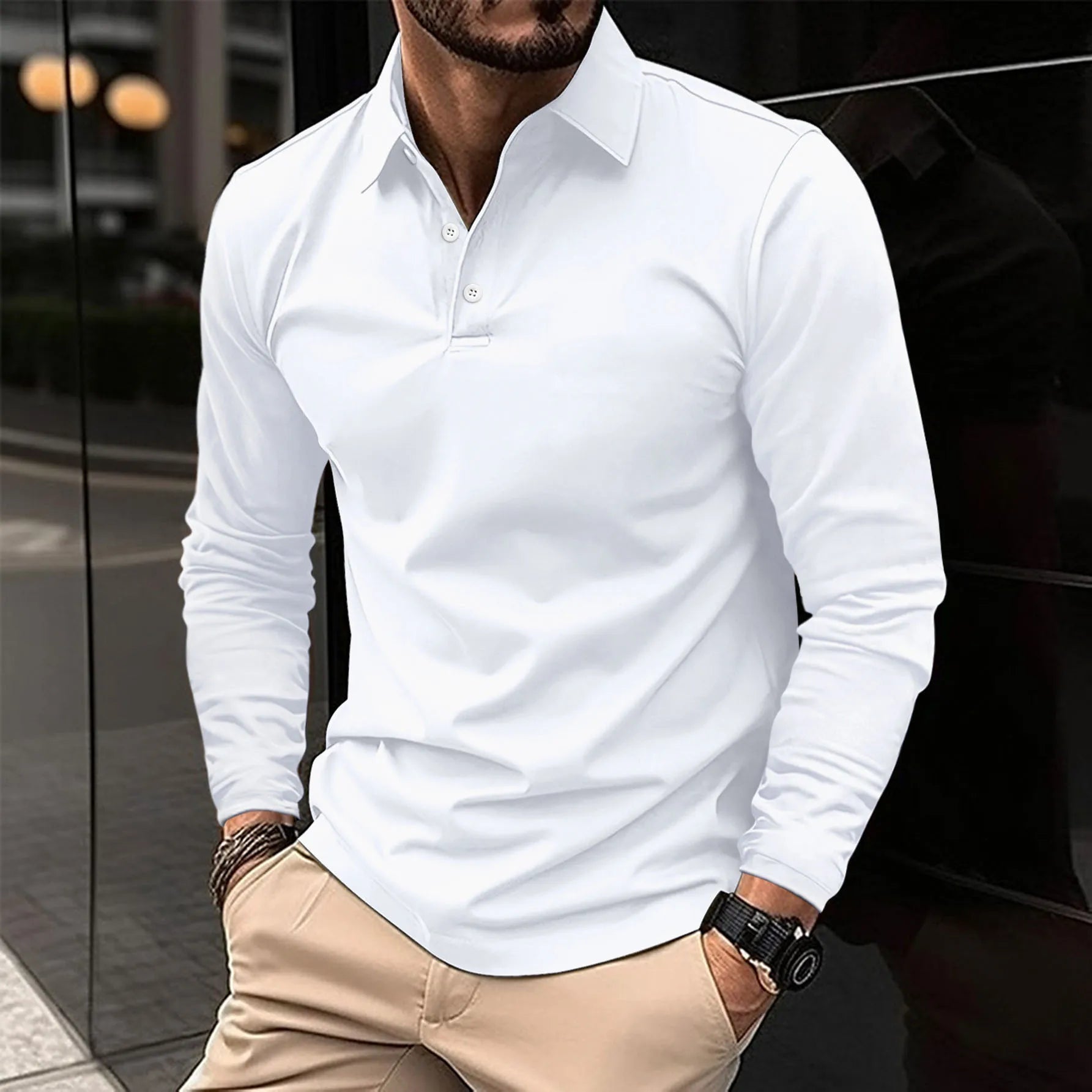 Heren Poloshirt Lange Mouwen Knoopsluiting Casual