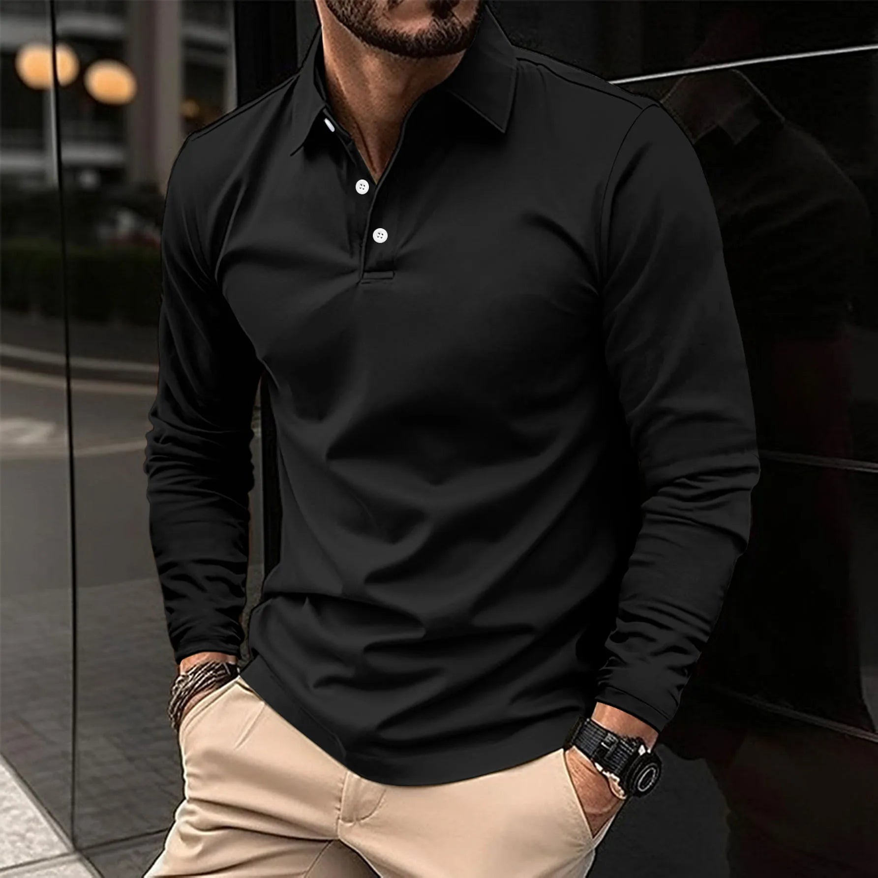 Heren Poloshirt Lange Mouwen Knoopsluiting Casual