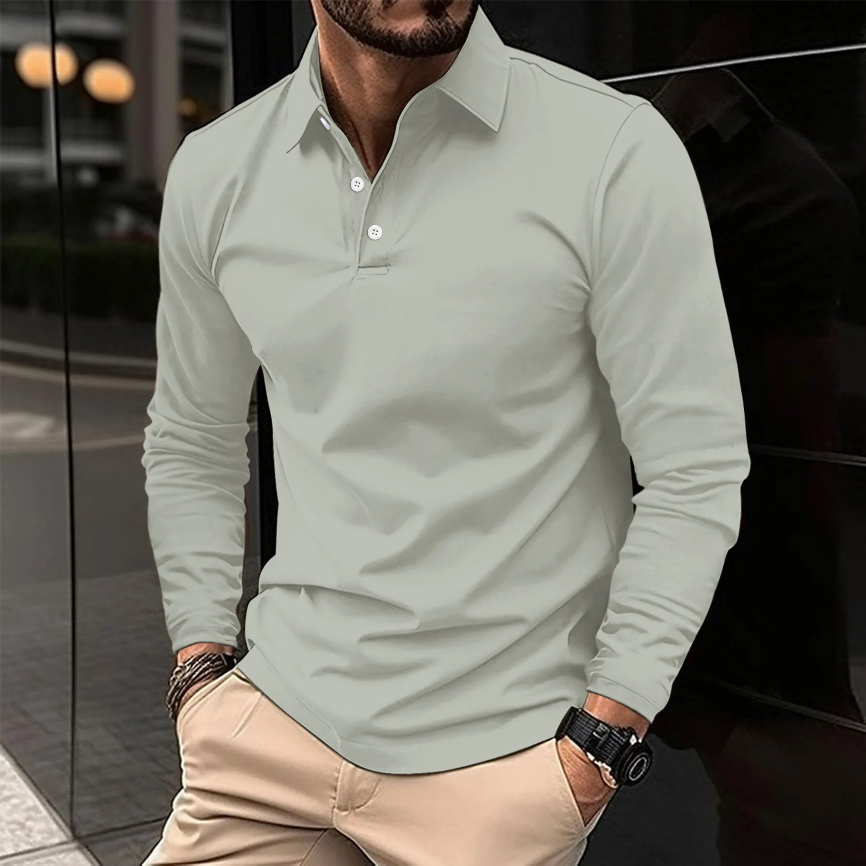 Heren Poloshirt Lange Mouwen Knoopsluiting Casual