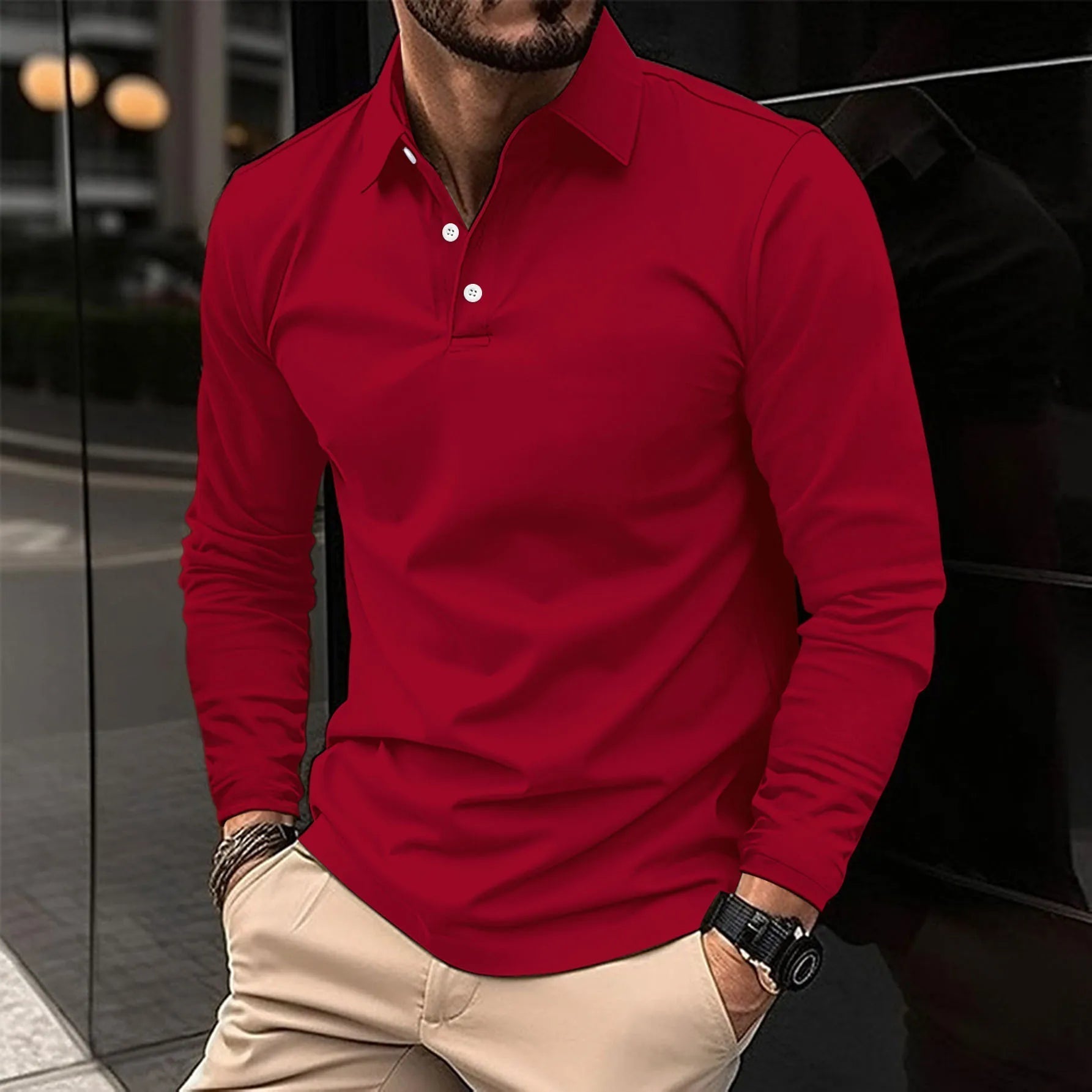 Heren Poloshirt Lange Mouwen Knoopsluiting Casual