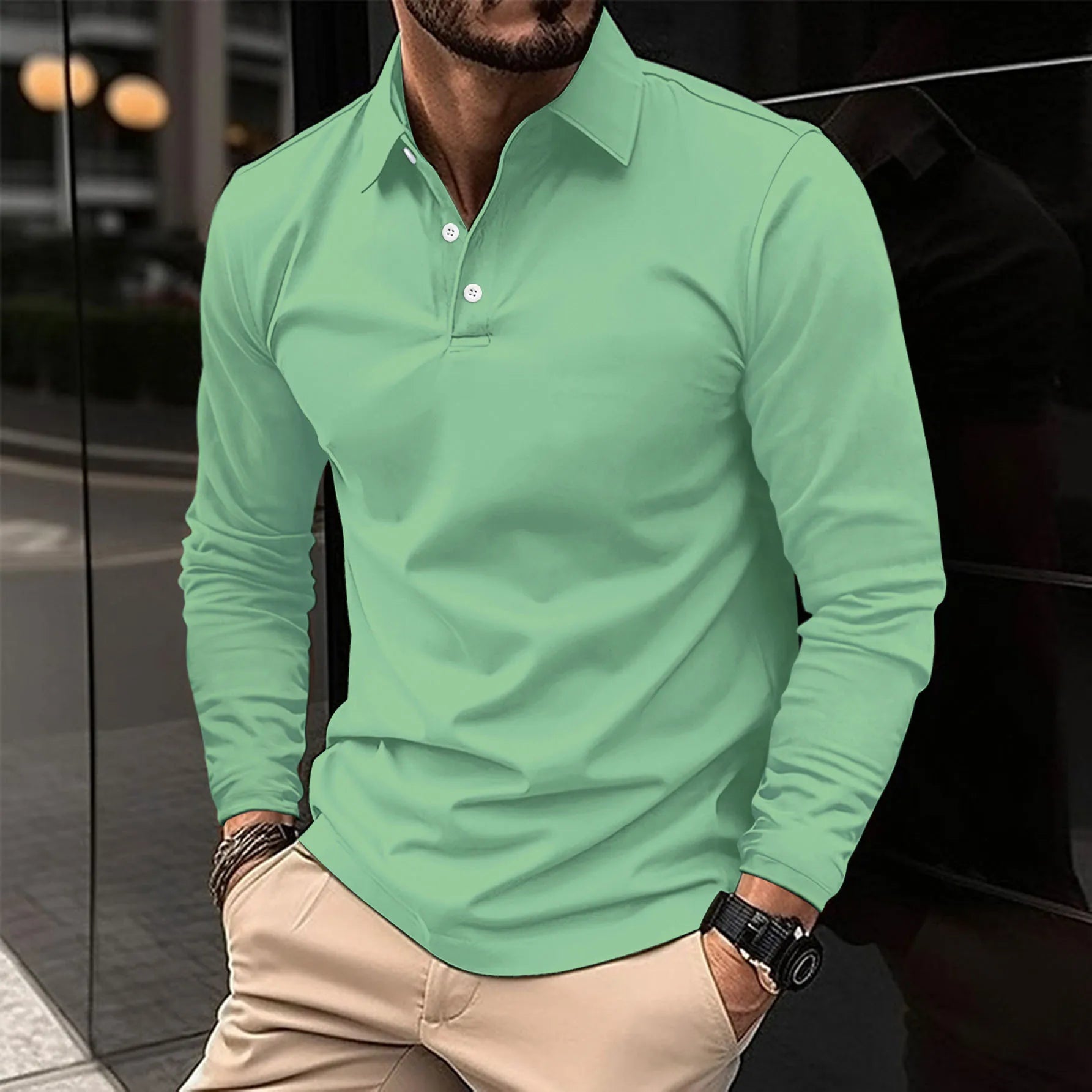 Heren Poloshirt Lange Mouwen Knoopsluiting Casual