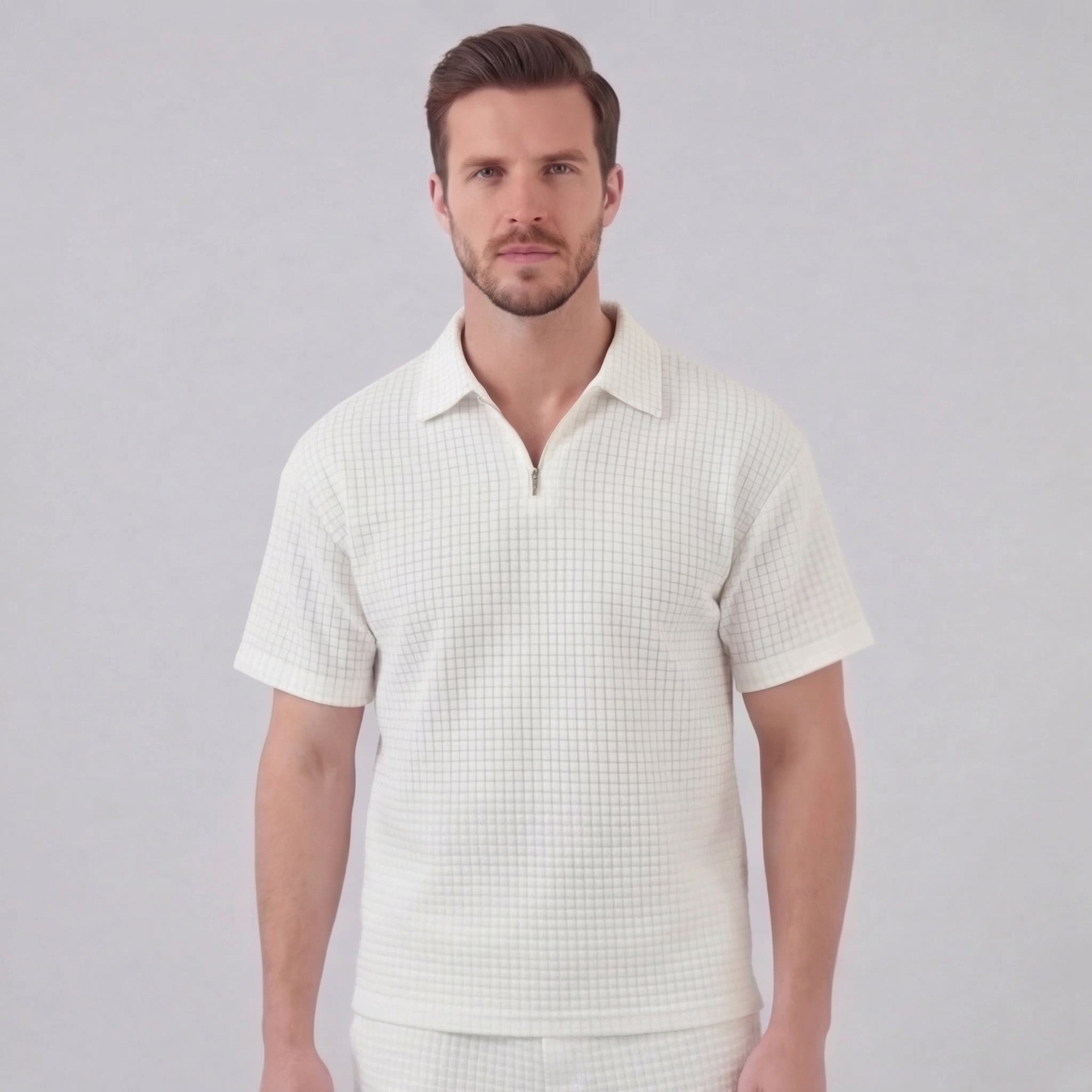 Waffle Knit Set Heren Zomer Casual Half Zip Polo