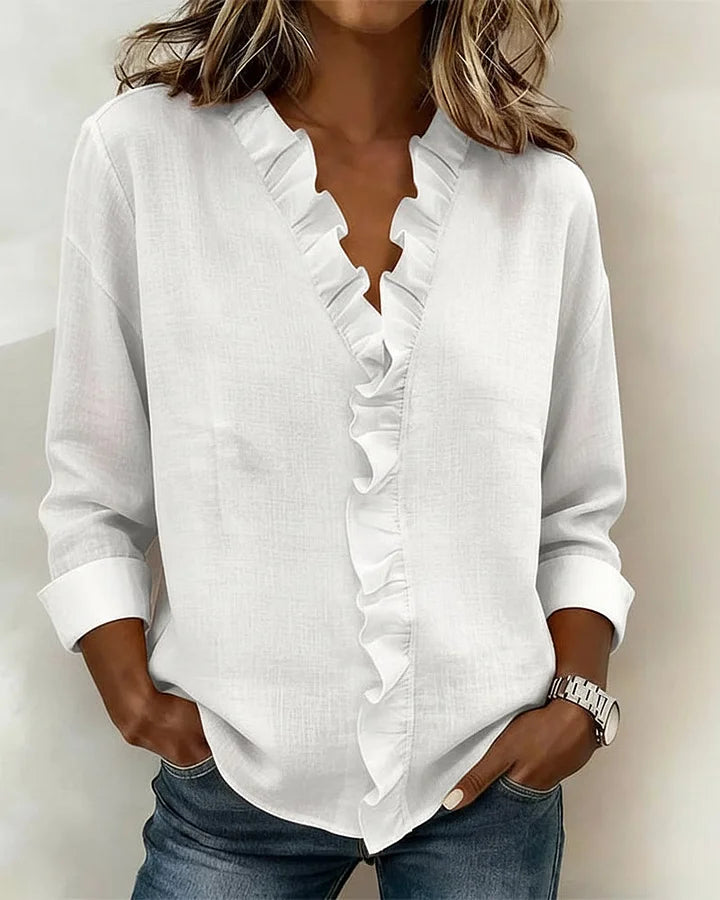 Indie | Blouse met Ruffles, V-Hals en Lange Mouwen