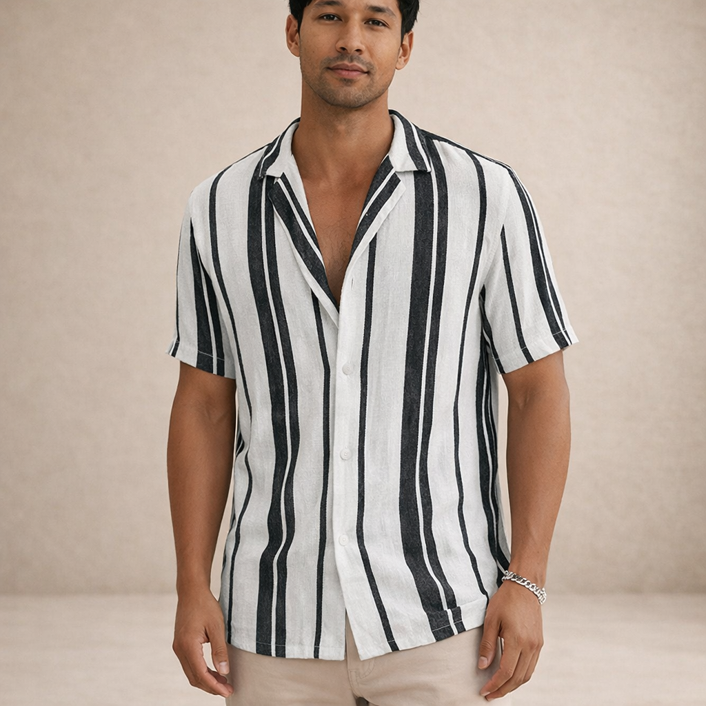 Blouse Heren Regular Fit Linnen Lange Mouwen Gestreept