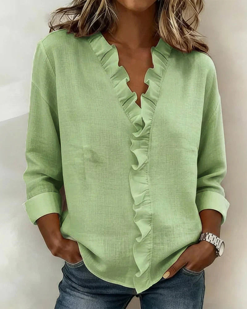 Indie | Blouse met Ruffles, V-Hals en Lange Mouwen