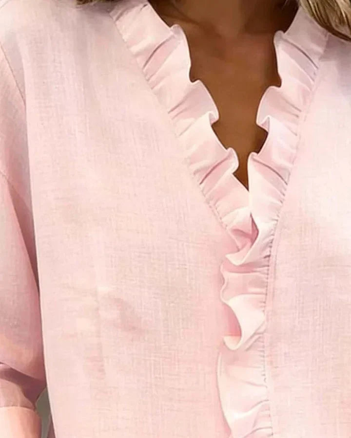 Indie | Blouse met Ruffles, V-Hals en Lange Mouwen