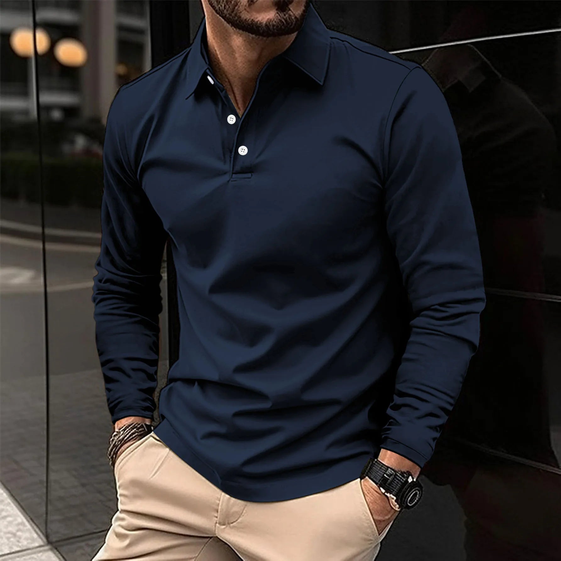 Heren Poloshirt Lange Mouwen Knoopsluiting Casual