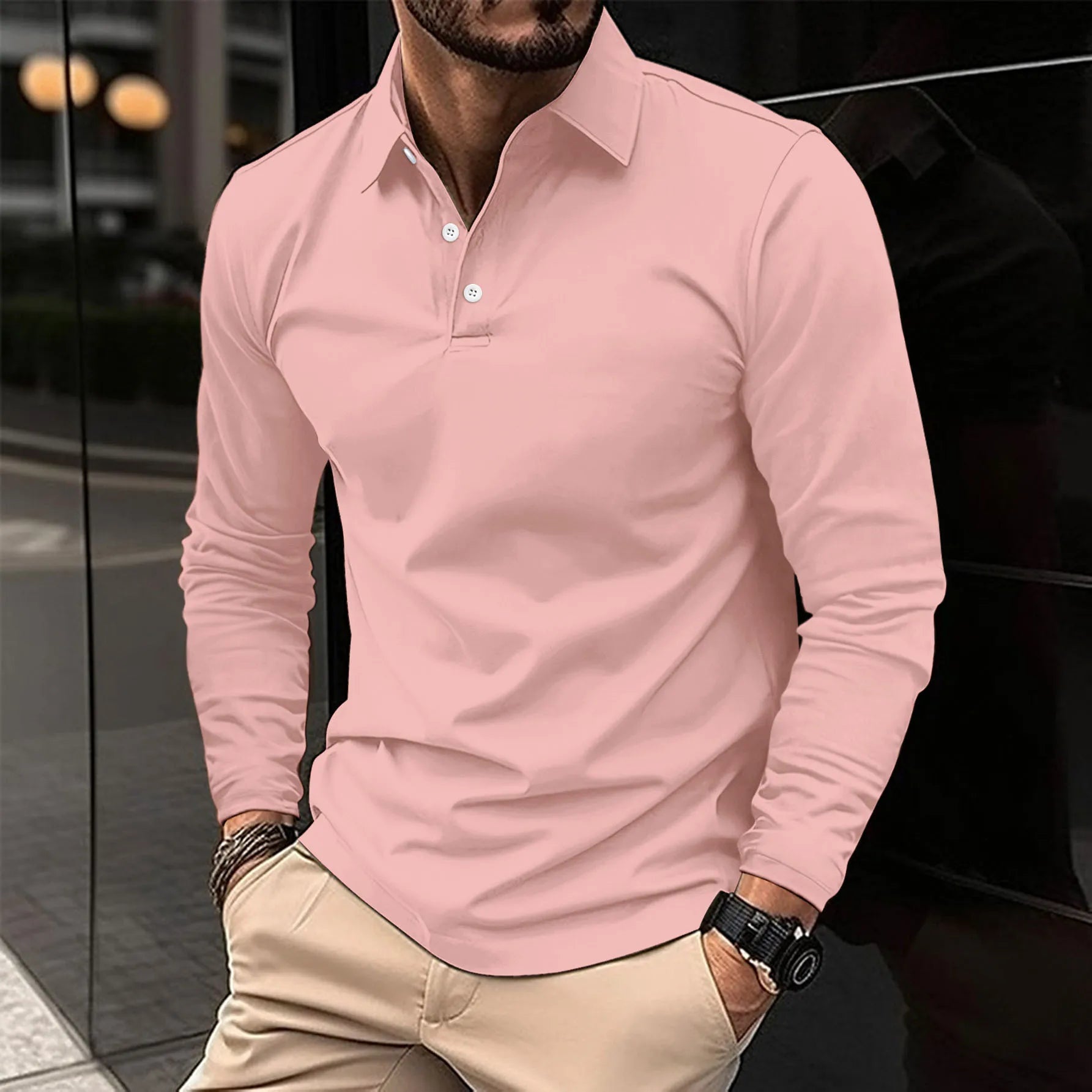 Heren Poloshirt Lange Mouwen Knoopsluiting Casual